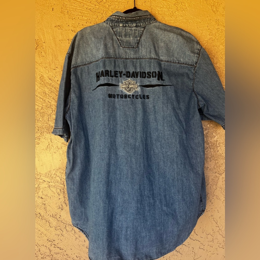 Harley Davidson Men’s Button Short Sleeve Denim Work Shirt Embroidered XL